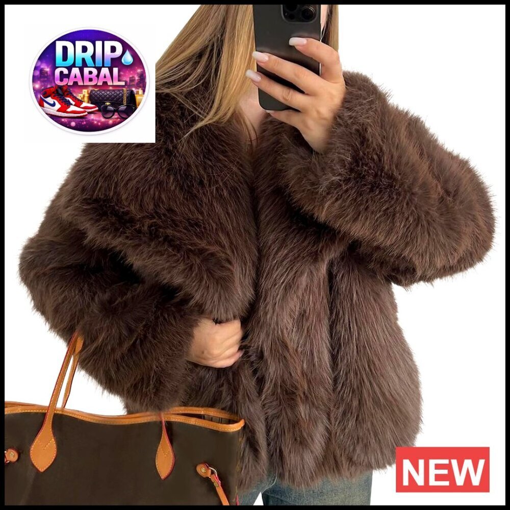 Faux Fur Jacket Women's Size M Fluffy Winter Coat Open Front Snap
